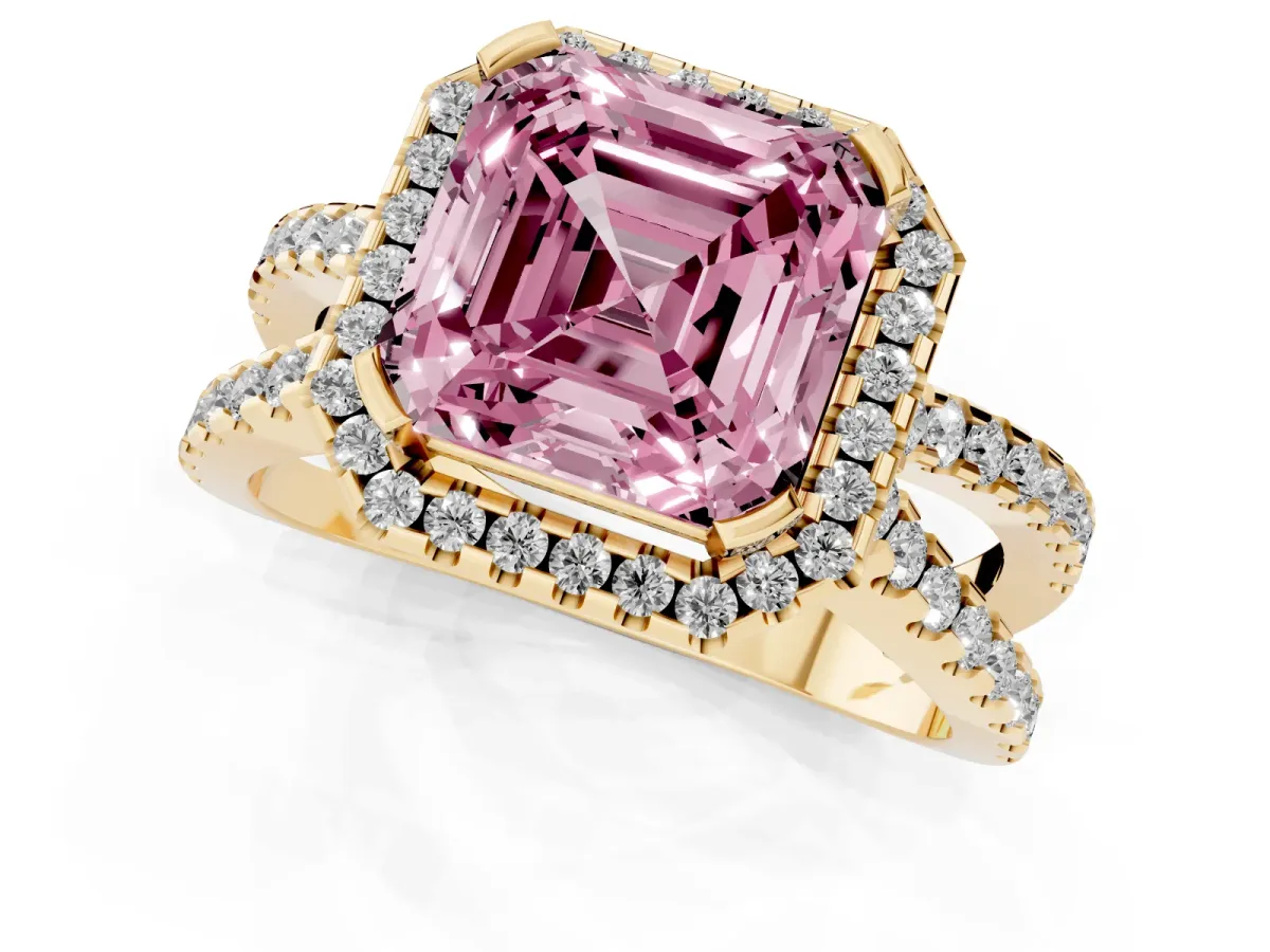 Fancy Pink Asscher Cut Diamond Halo Ring with Split Shank Pavé Band and Prong Setting Yellow gold
