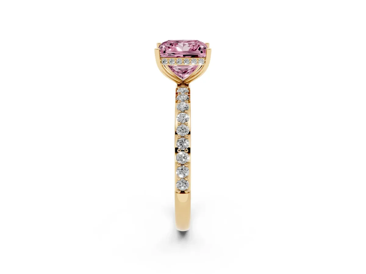 Fancy Pink Princess Cut Diamond Solitaire Ring with Pavé Band and Hidden Halo Yellow gold