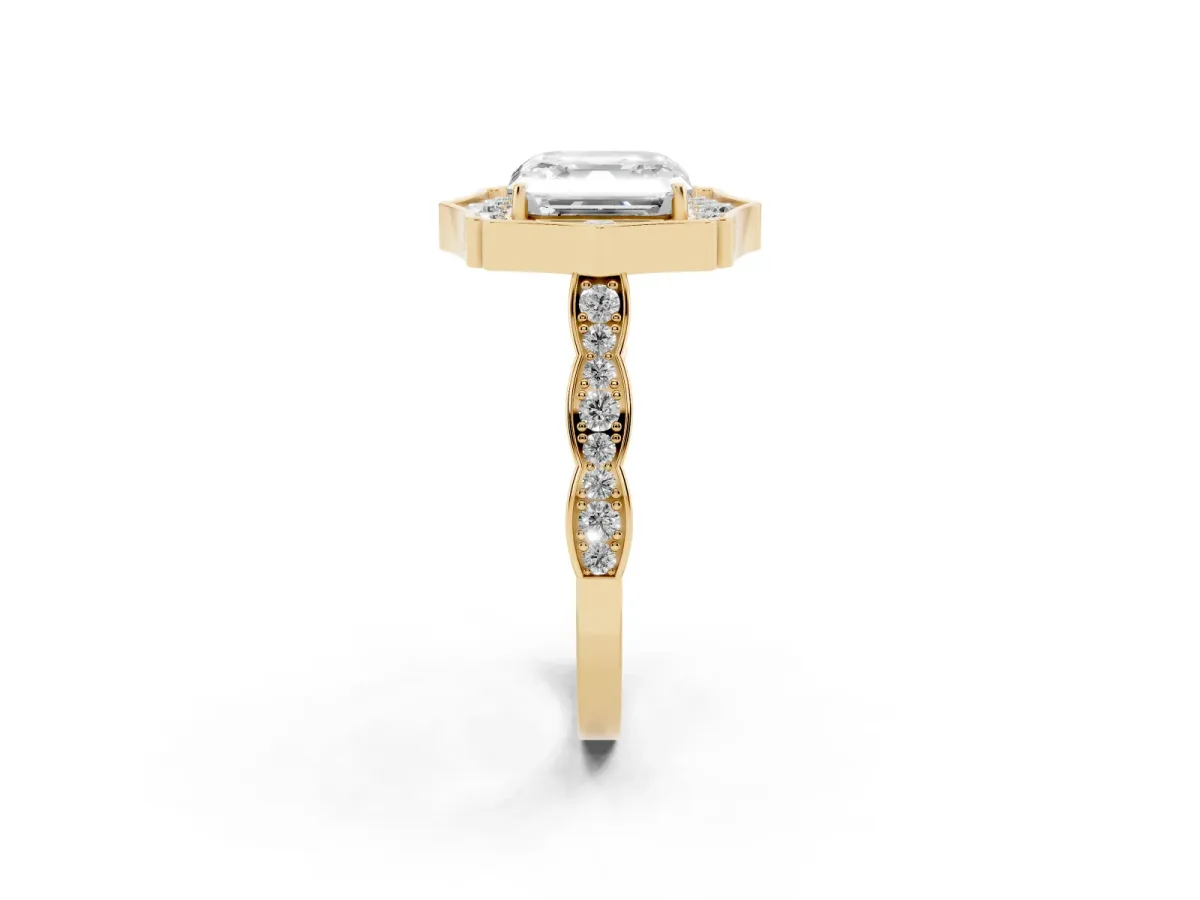 Asscher Cut Halo Diamond Engagement Ring with Milgrain Band and Four-Prong Setting Yellow gold