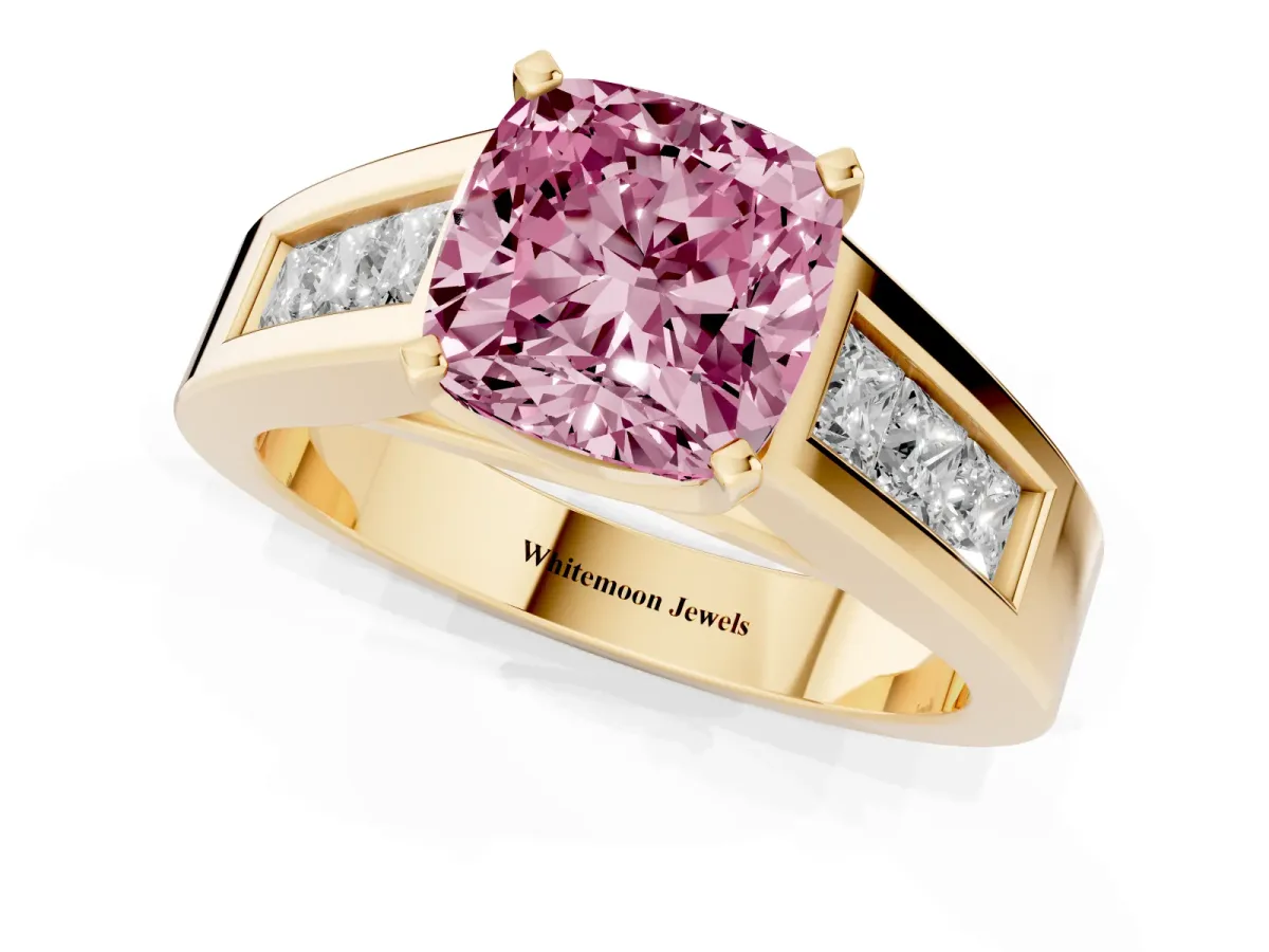 Fancy Pink Cushion Cut Cut Channel Set Solitaire Ring with Four-Prong Setting Yellow gold