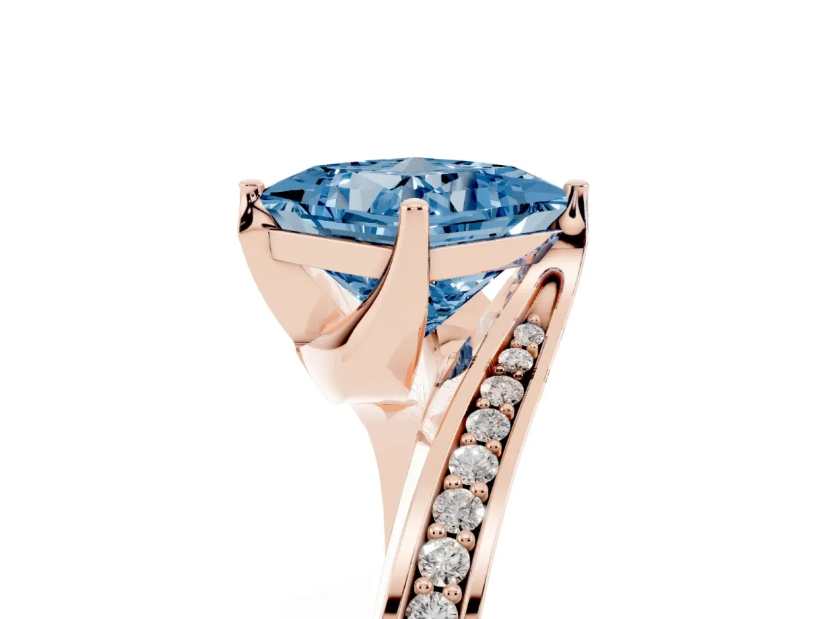 Fancy Blue Princess Cut Solitaire Diamond Twist Band with Pavé Setting and Four-Prong Setting Rose gold
