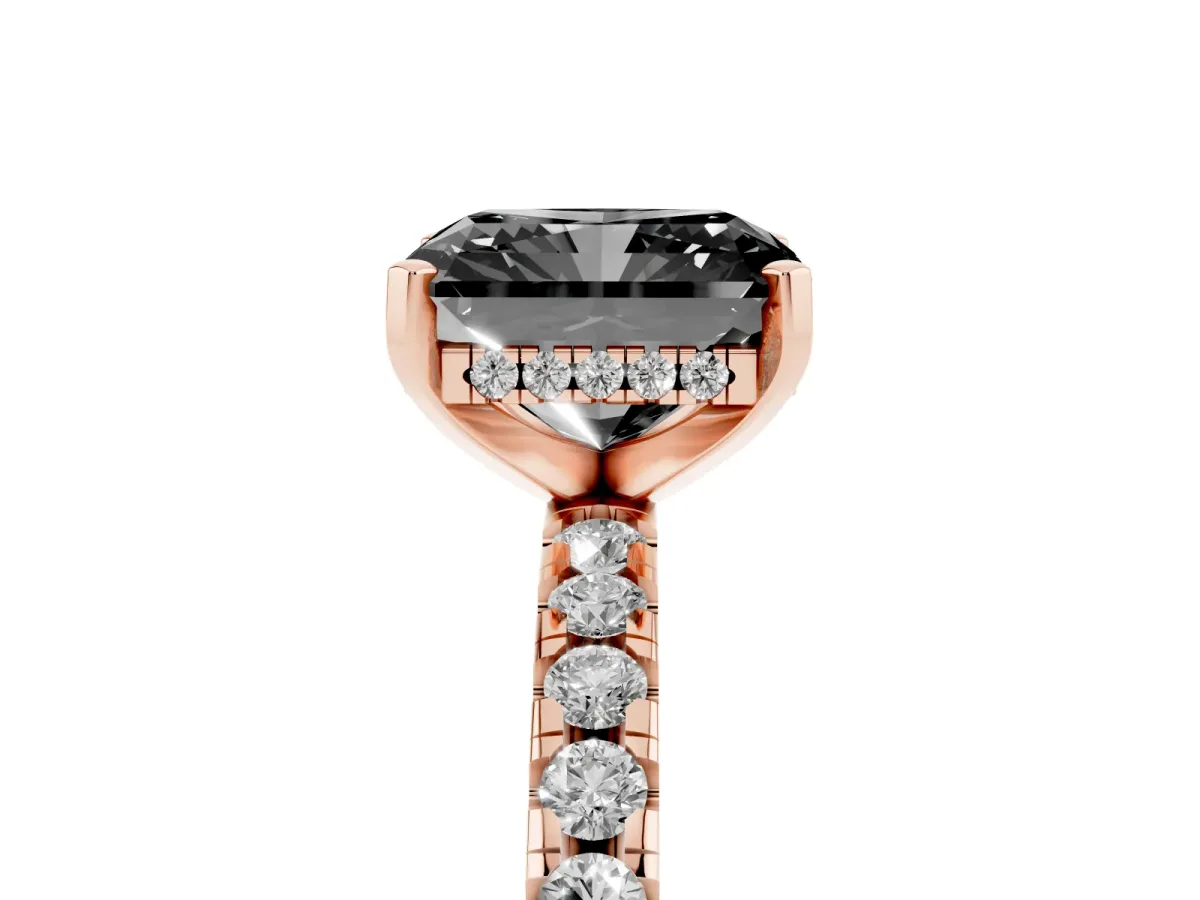 Fancy Black Radiant Cut Diamond Solitaire Ring with Round Pavé Band and Four-Prong Setting Rose gold