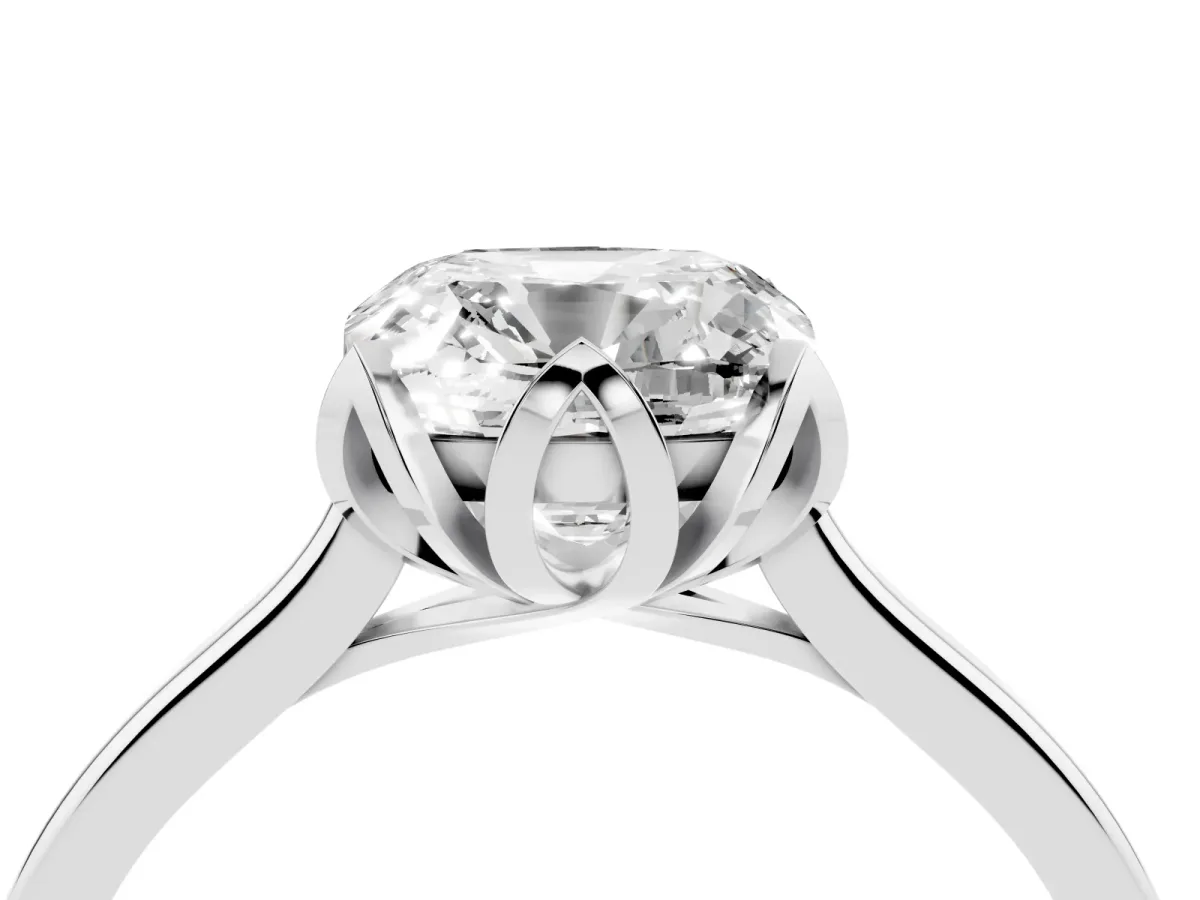 Cushion Cut Diamond Solitaire Ring with Flower Prong Setting and Classic Band Silver