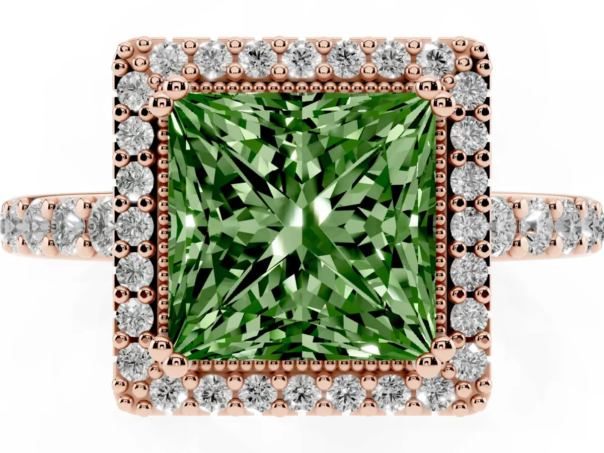 Fancy Green Princess Cut Cut Diamond Halo Engagement Ring with Milgrain Detail and Pavé Band Rose gold