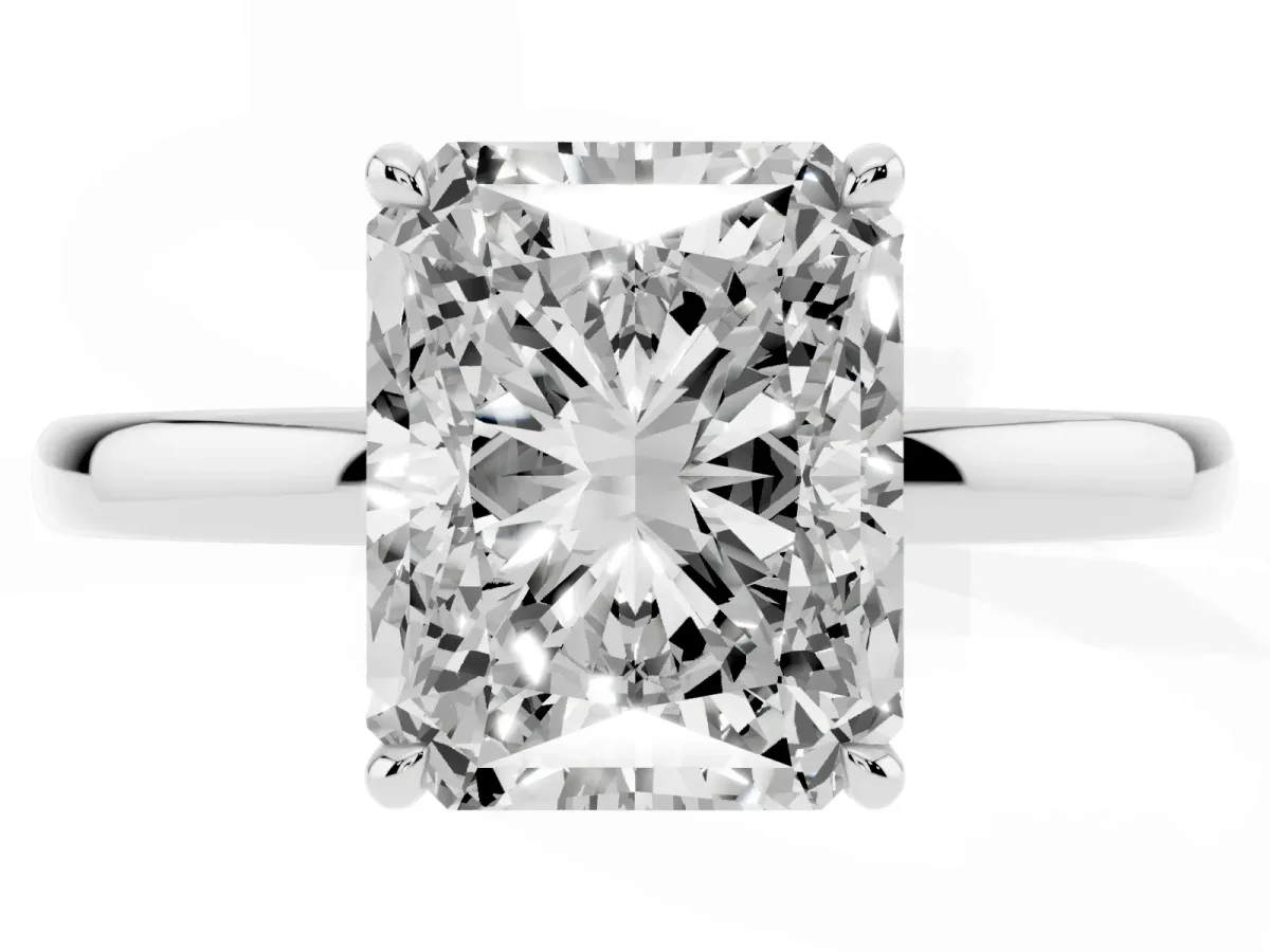 Radiant Cut Solitaire Engagement Ring with Cathedral Band and Four-Prong Setting White gold
