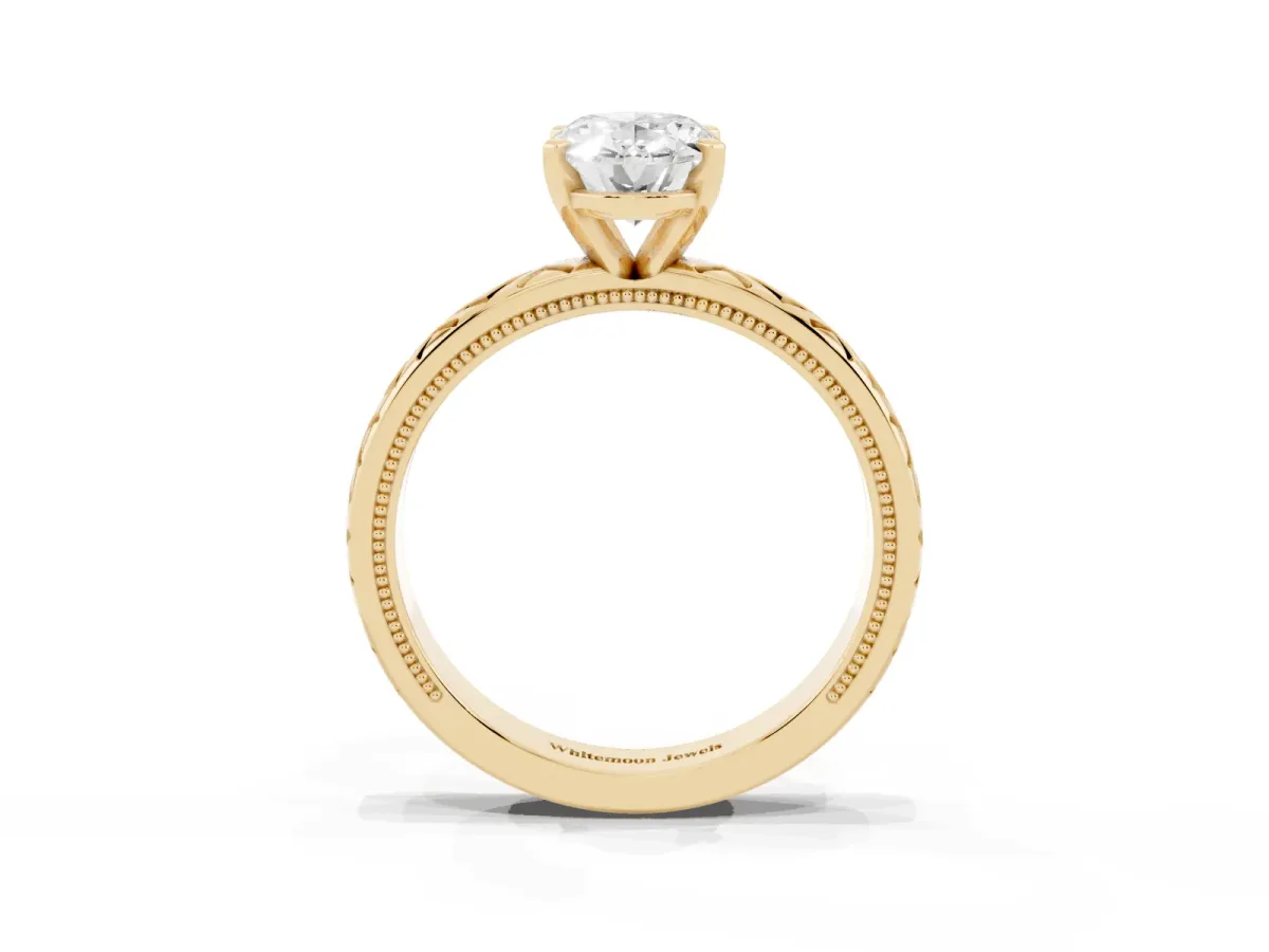 Oval Cut Solitaire Diamond Ring with Milgrain and Black Enamel X Pattern Band Yellow gold