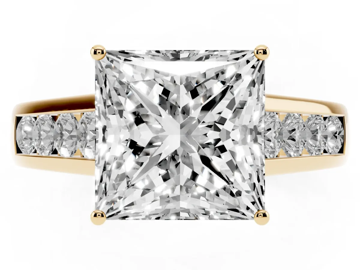 Princess Cut Solitaire Channel-Set Diamond Engagement Ring with Four-Prong Setting Yellow gold
