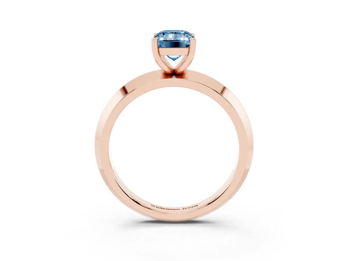 Fancy Blue Emerald Cut Cut Solitaire Engagement Ring with Flat Band and Four-Prong Setting Rose gold