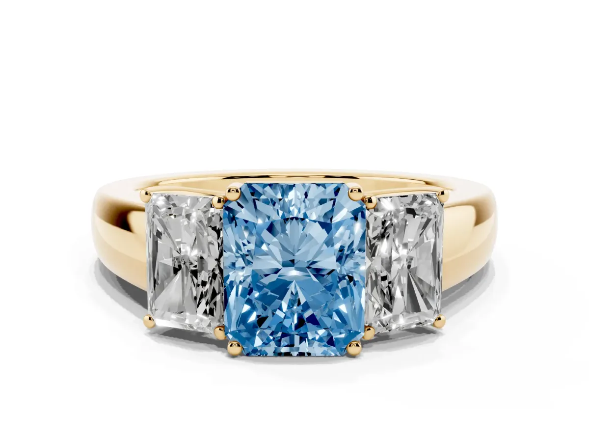 Fancy Blue Three-Stone Radiant Cut Cut Diamond Ring with Prong Setting and Classic Band Yellow gold
