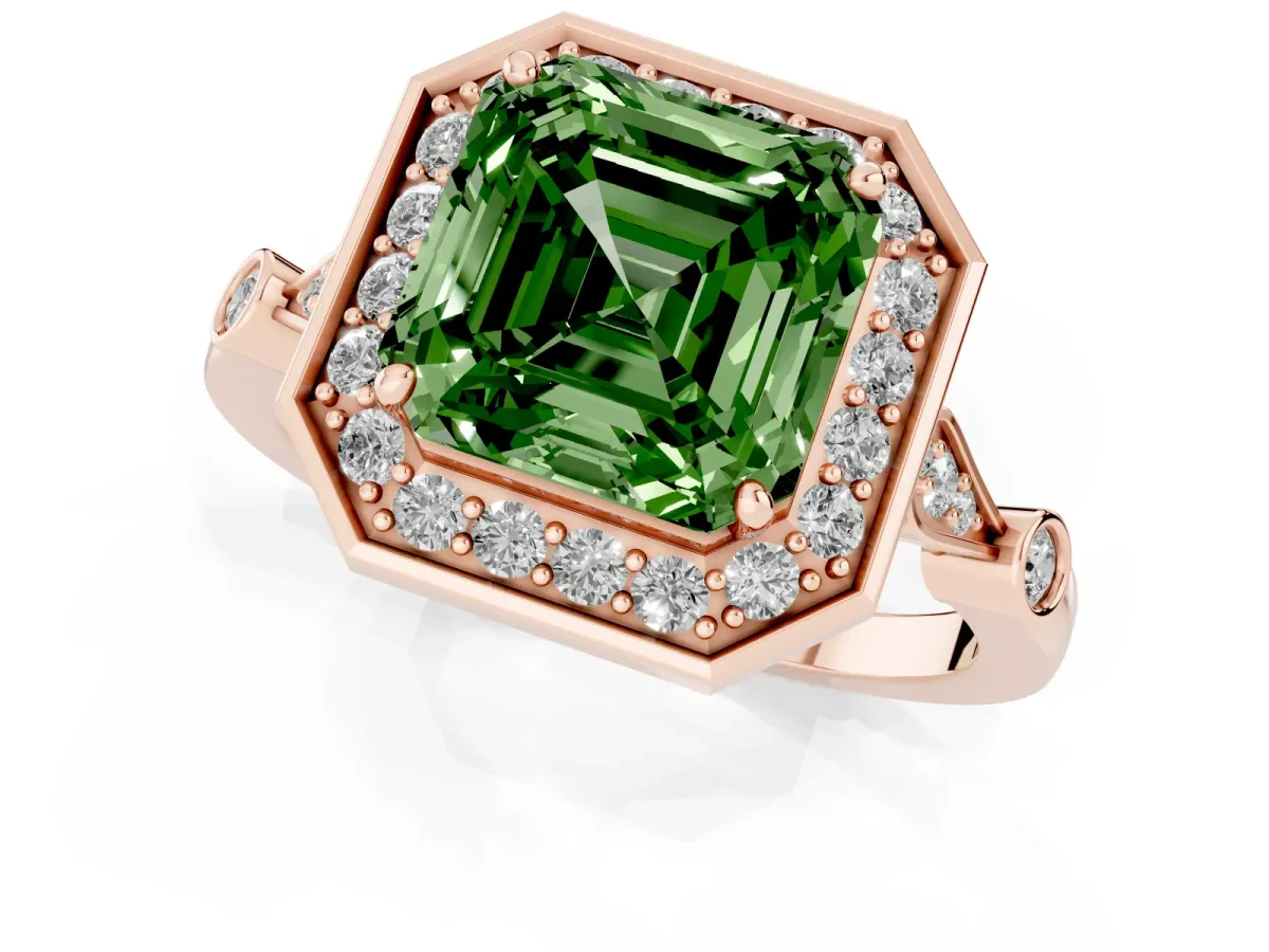 Fancy Green Asscher Cut Halo Diamond Engagement Ring with Twisted Band and Four-Prong Setting Rose gold