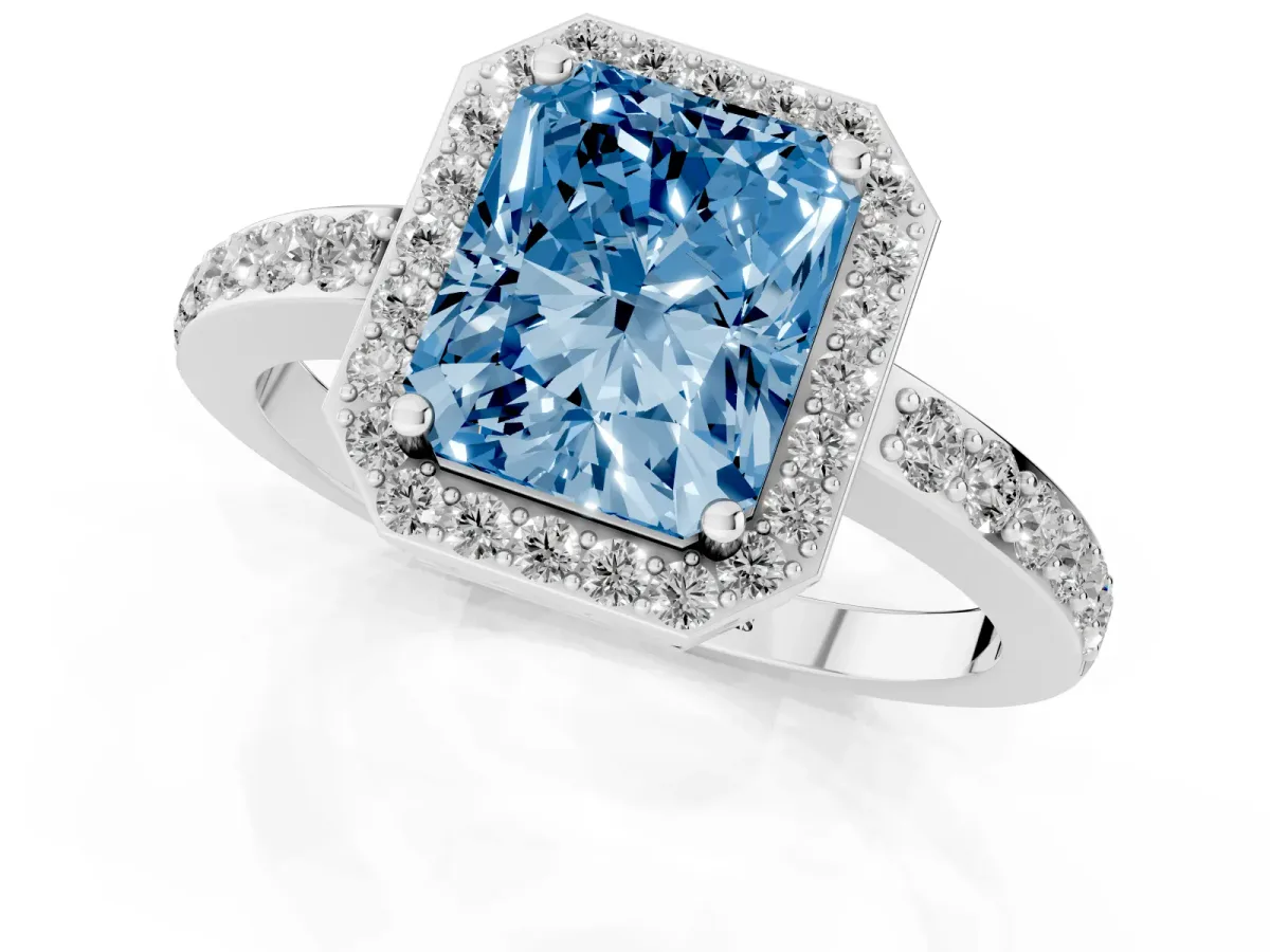 Fancy Blue Radiant Cut Halo Diamond Pavé Band Ring with Prong Setting Silver