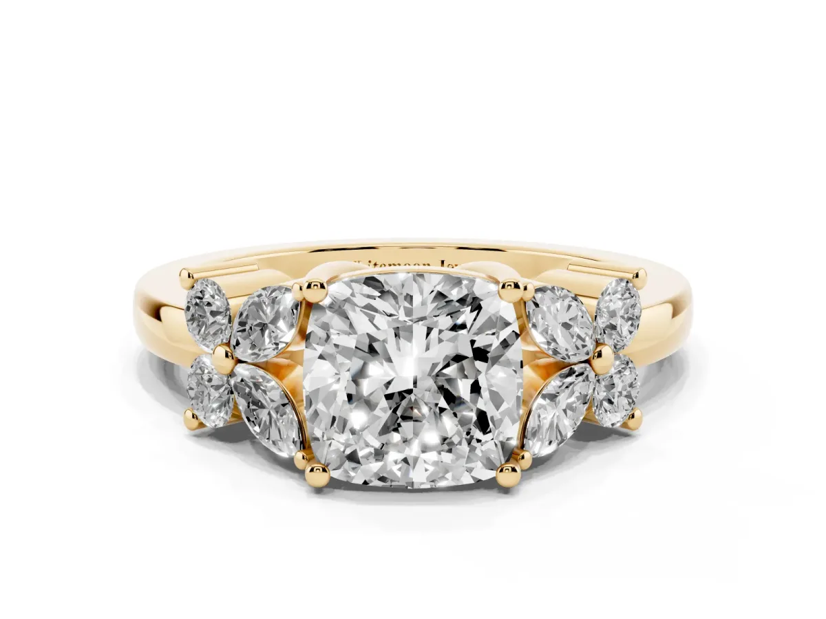 Cushion Cut Diamond Floral Cluster Ring with Solitaire Band and Prong Setting Yellow gold