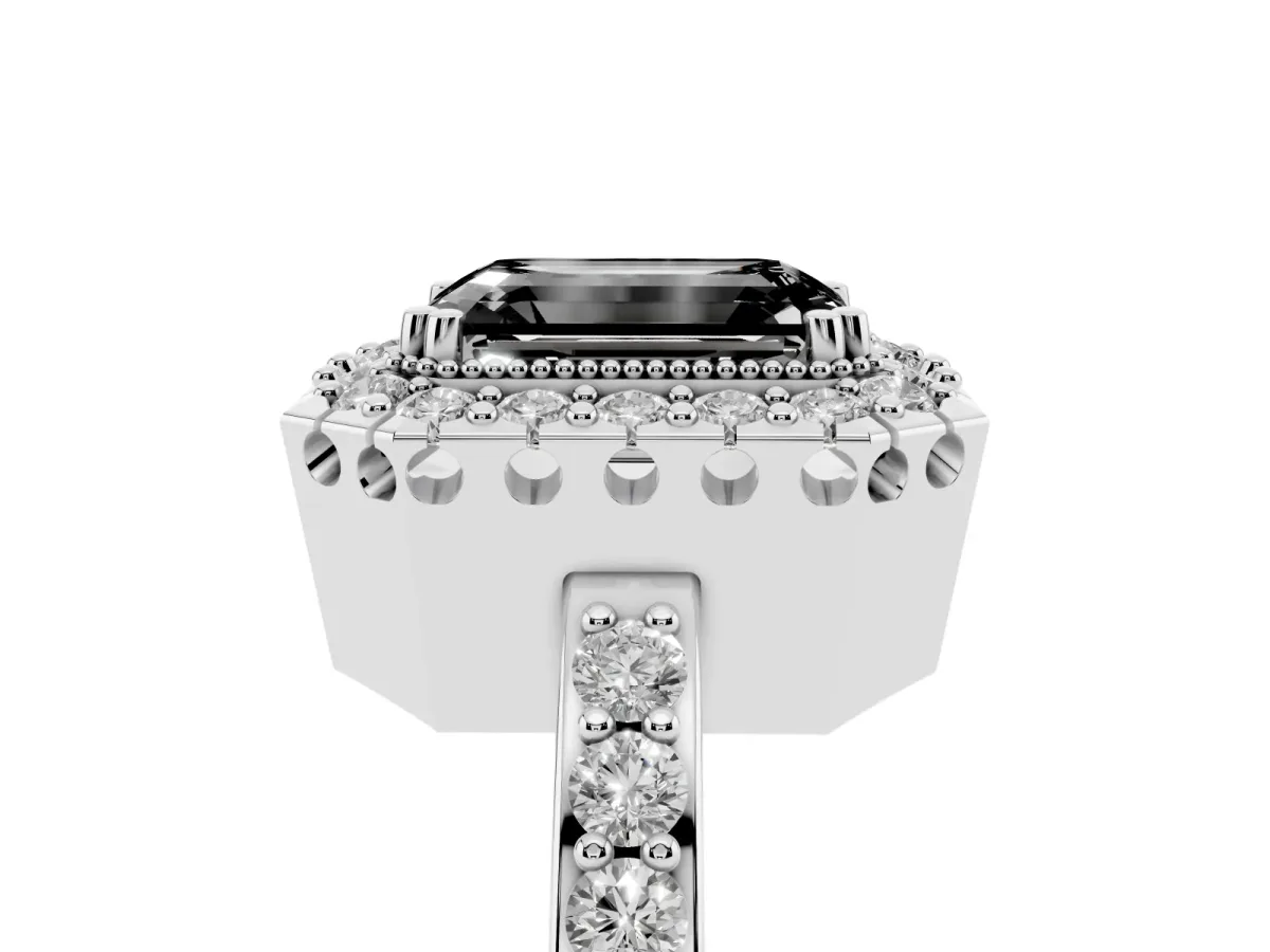 Fancy Black Emerald Cut Diamond Halo Ring with Pavé Band and Prong Setting Silver