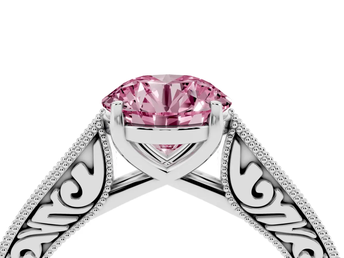 Fancy Pink Round Cut Cut Pave Band Milgrain Solitaire Ring Silver