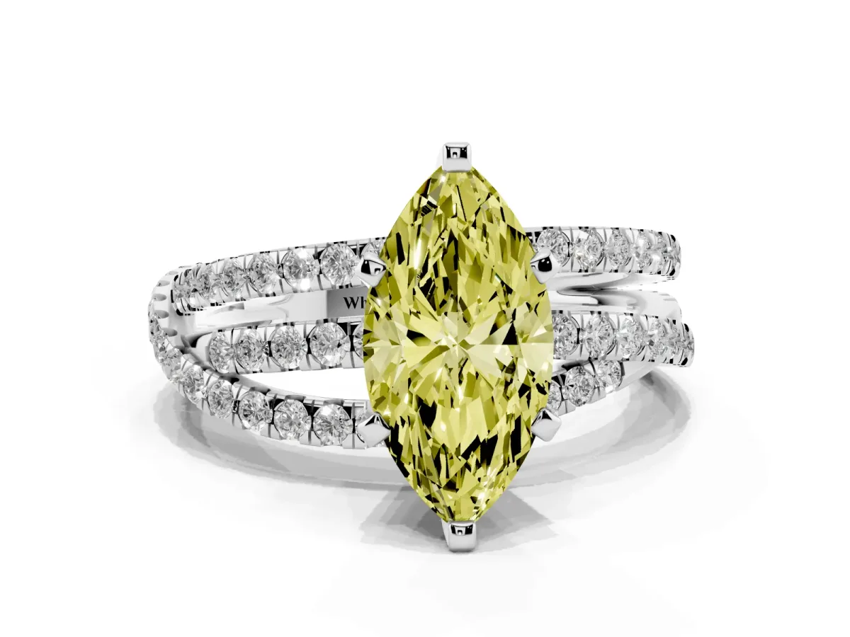 Fancy Yellow Marquise Cut Solitaire Twist Band with Pavé Setting and Four-Prong Setting Platinum