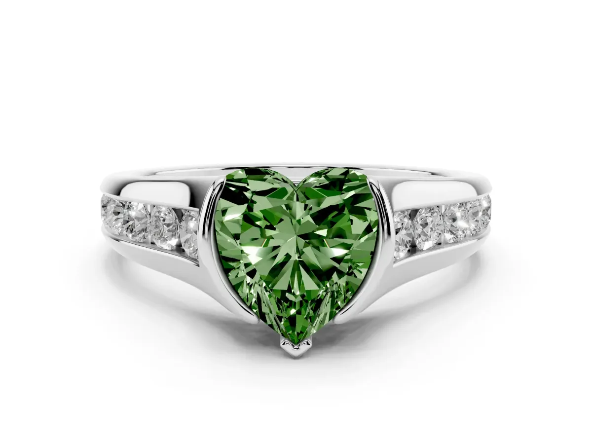 Fancy Green Heart Cut Solitaire Bezel-Set Diamond Ring with Channel-Set Band Silver