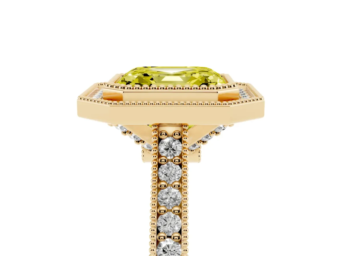Fancy Yellow Halo Asscher Cut-Cut Diamond Pave Band Milgrain Prong Setting Ring Yellow gold