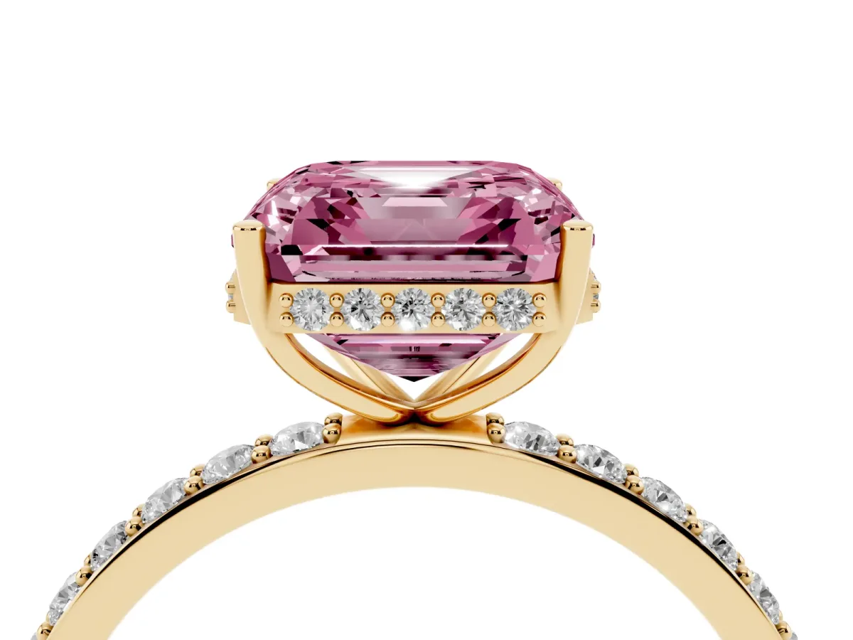 Fancy Pink Asscher Cut Diamond Solitaire Ring with Pavé Band and Hidden Halo Yellow gold