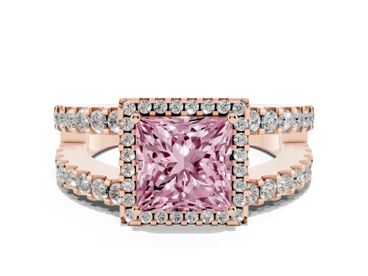 Fancy Pink Princess Cut Cut Halo Split Shank Diamond Ring with Four-Prong Setting Rose gold