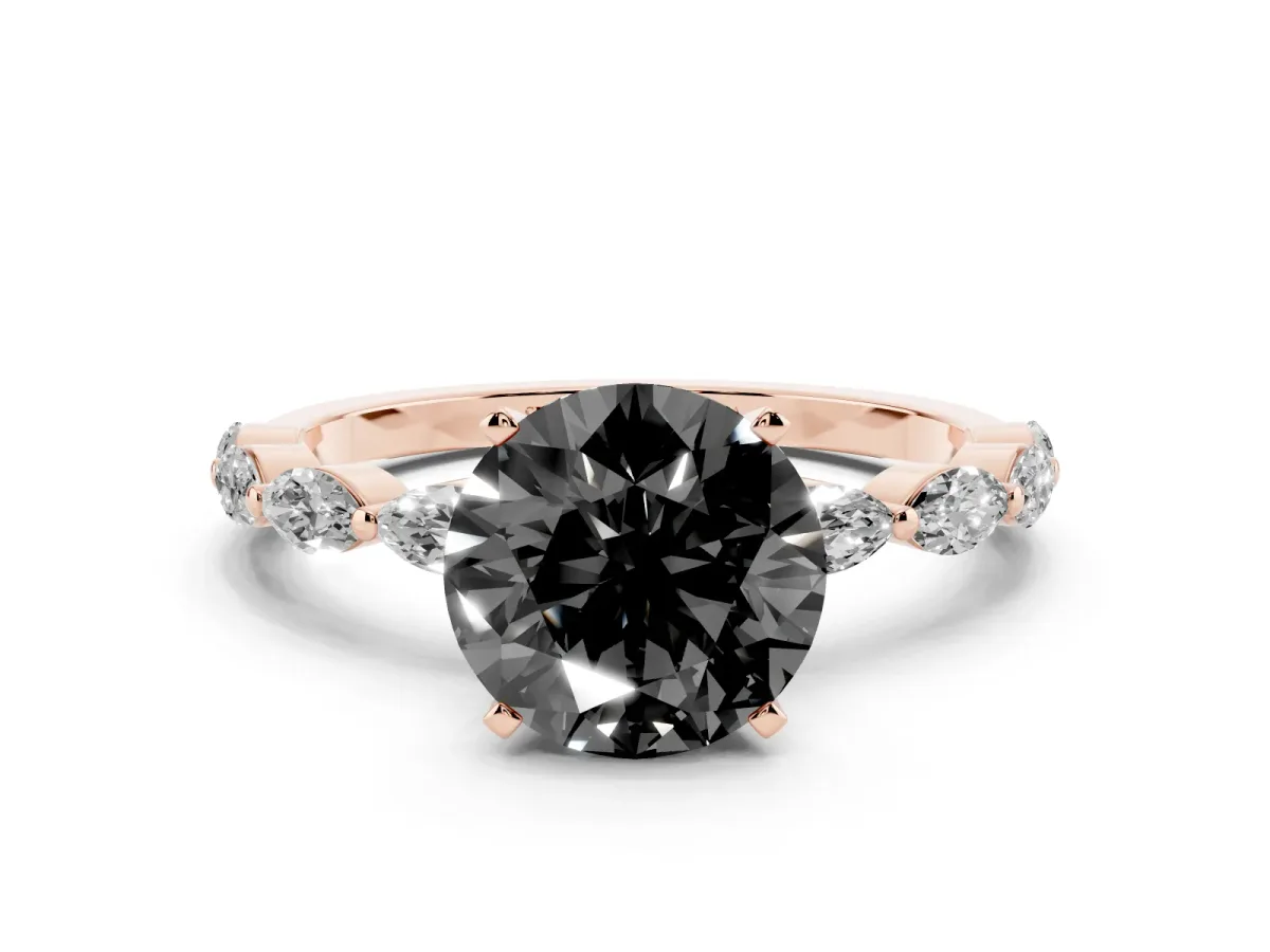 Fancy Black Round Cut Diamond Ring with Marquise Side Stones and Prong Setting Rose gold