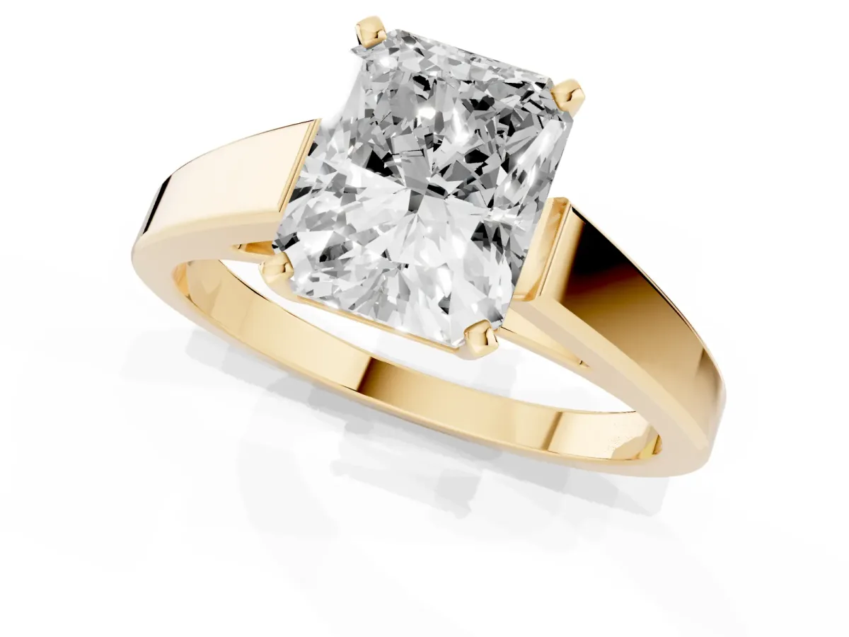 Radiant Cut Solitaire Engagement Ring with Four-Prong Setting and Tapered Band Yellow gold