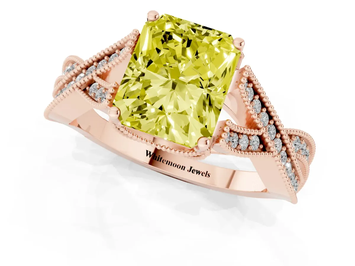 Fancy Yellow Radiant Cut Cut Diamond Twisted Band with Milgrain Pave Setting and Four-Prong Setting Rose gold