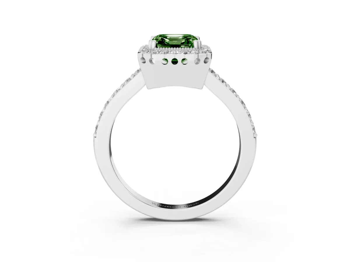 Fancy Green Asscher Cut Cut Diamond Halo Engagement Ring with Milgrain Detail and Pavé Band Platinum