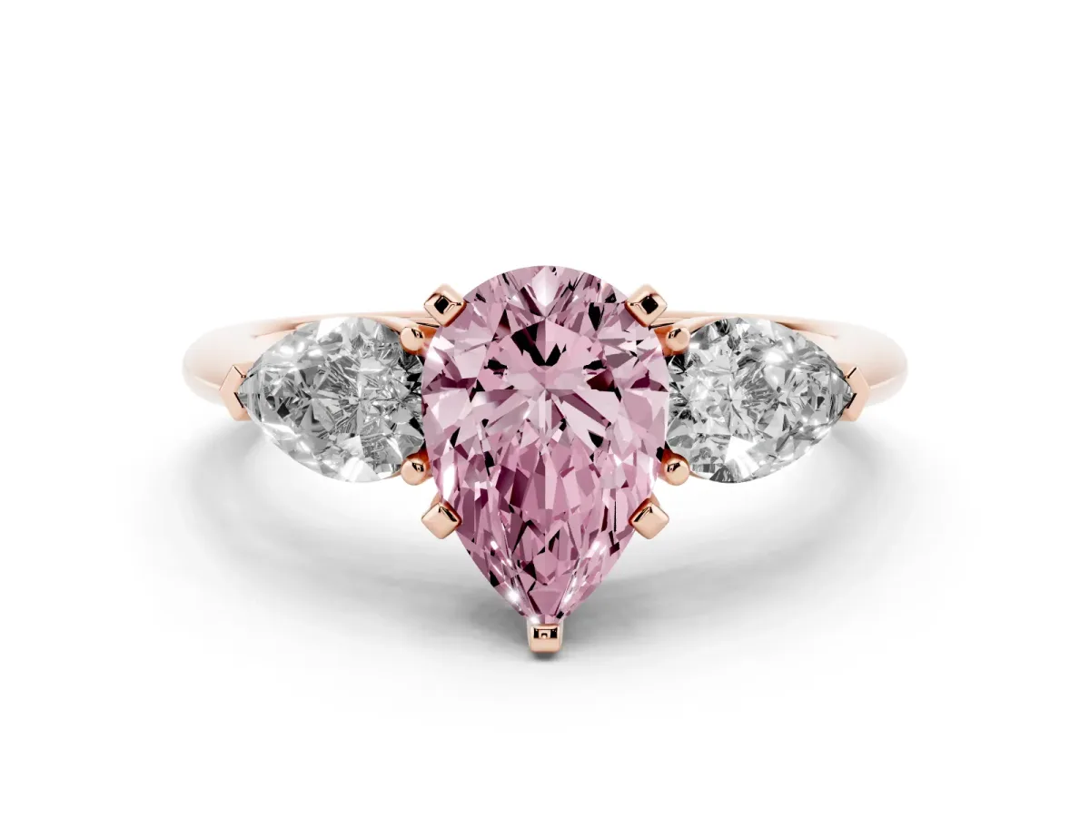 Fancy Pink Three-Stone Pear Cut Diamond Ring with Pear Side Stones and Four-Prong Setting Rose gold