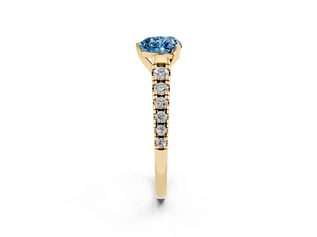 Fancy Blue Heart Cut Diamond Cathedral Solitaire Ring with Round Pavé Band Yellow gold