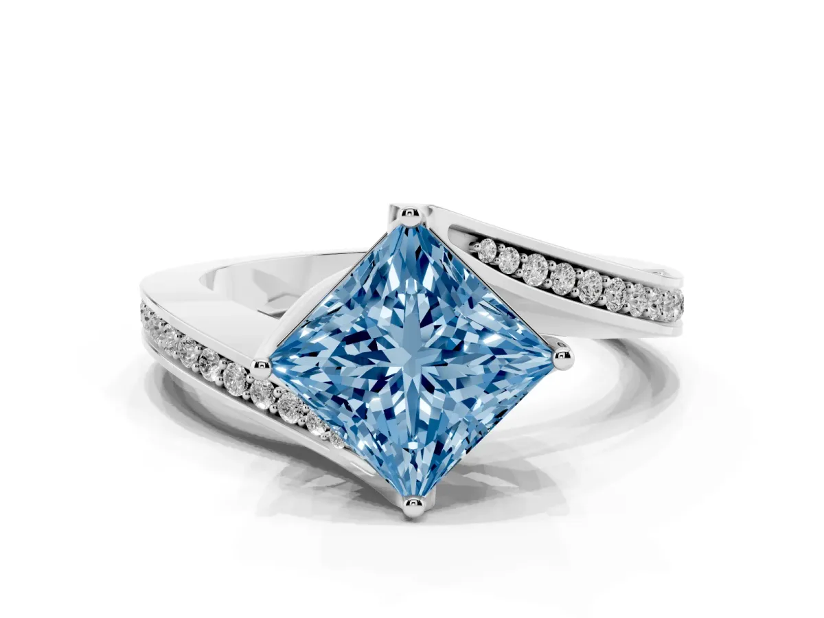 Fancy Blue Princess Cut Solitaire Diamond Twist Band with Pavé Setting and Four-Prong Setting Silver