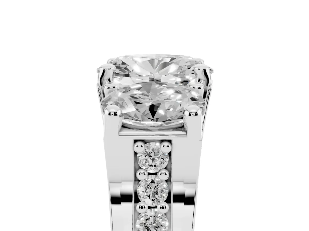 Oval Cut Diamond Three-Stone Ring with Channel Set Band and Four-Prong Setting Silver