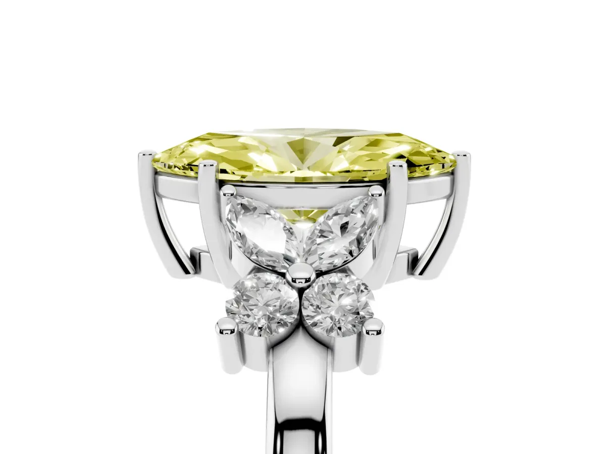 Fancy Yellow Marquise Cut Diamond Floral Cluster Ring with Solitaire Band and Prong Setting Silver