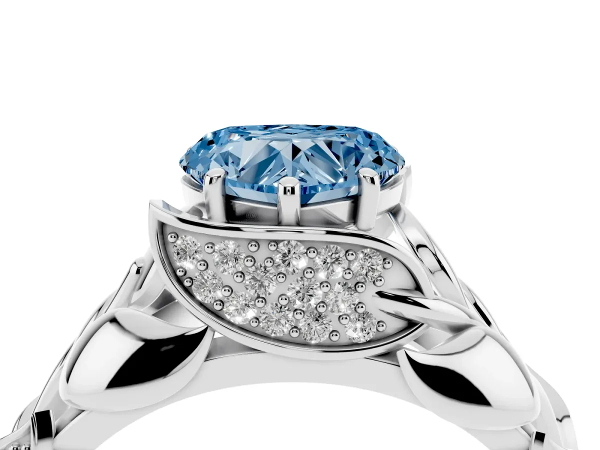 Fancy Blue Heart Cut Diamond Leaf-Inspired Engagement Ring with Round Accents and Prong Setting White gold
