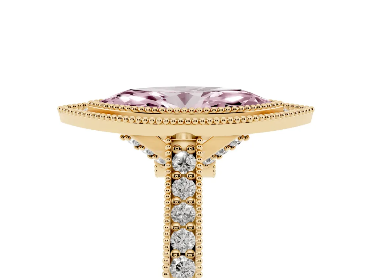 Fancy Pink Halo Marquise Cut-Cut Diamond Pave Band Milgrain Prong Setting Ring Yellow gold