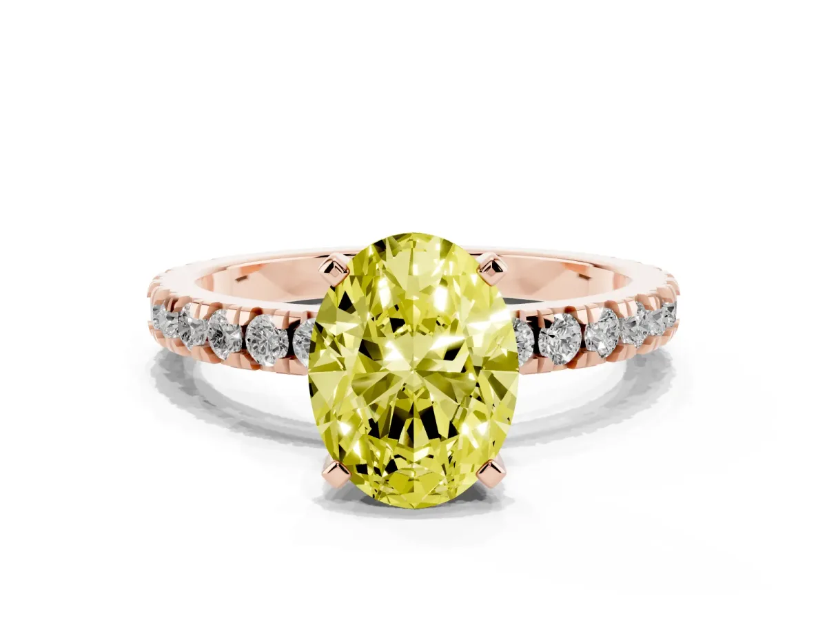 Fancy Yellow Oval Cut Diamond Pavé Band Solitaire with Four-Prong Setting Rose gold