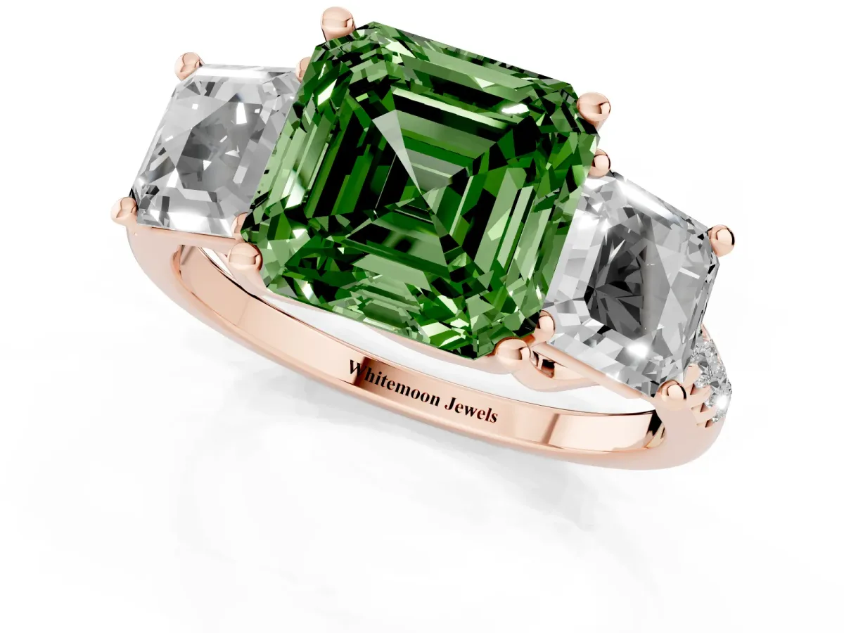 Fancy Green Three-Stone Asscher Cut Diamond Ring with Round Pavé Band and Prong Setting Rose gold