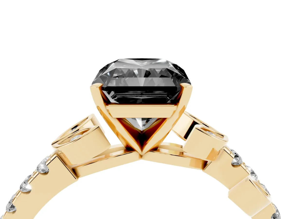 Fancy Black Radiant Cut Solitaire Leaf-Inspired Diamond Ring with Pavé Band and Four-Prong Setting Yellow gold