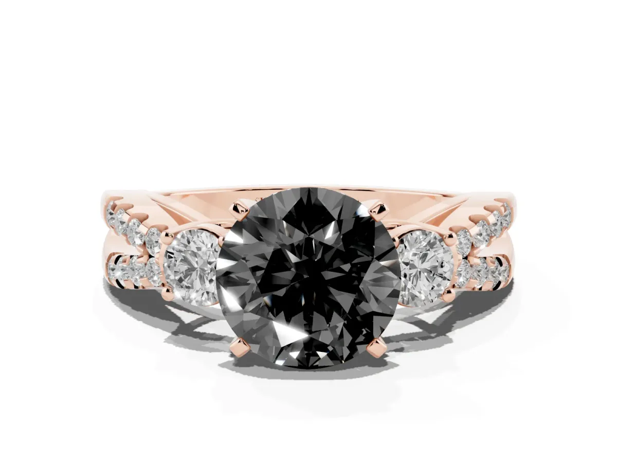 Fancy Black Round Cut Diamond Three-Stone Ring with Pavé Split Shank and Four-Prong Setting Rose gold