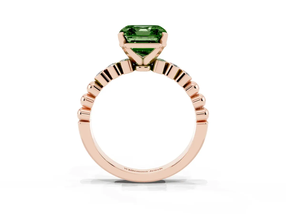 Fancy Green Asscher Cut Solitaire Bezel Accent Diamond Engagement Ring with Beaded Band and Four-Prong Setting Rose gold