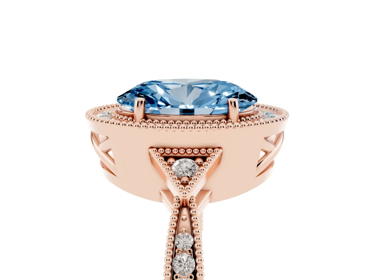 Fancy Blue Oval Cut Halo Round Diamond Milgrain Pave Engagement Ring Rose gold