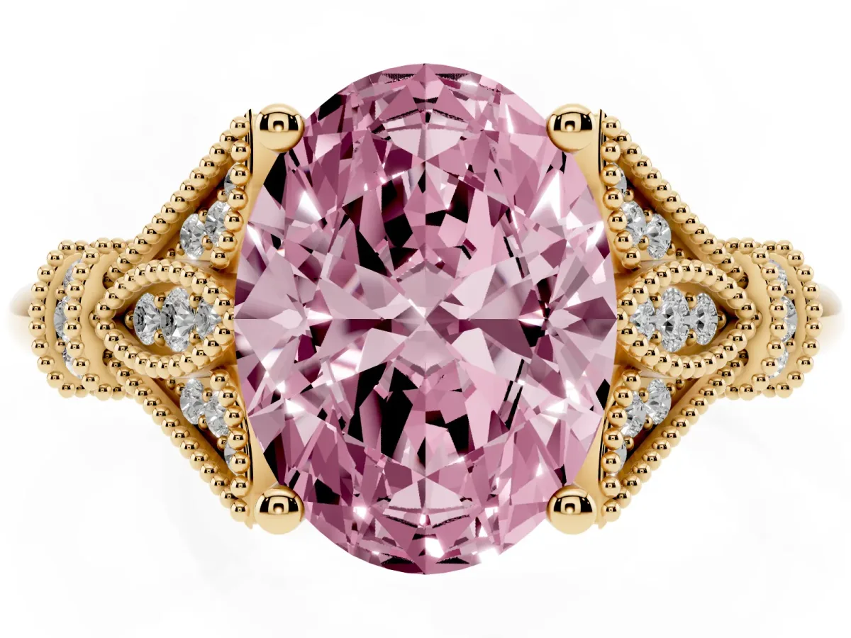 Fancy Pink Oval Cut Diamond Solitaire Ring with Floral Filigree and Pave Accents Yellow gold