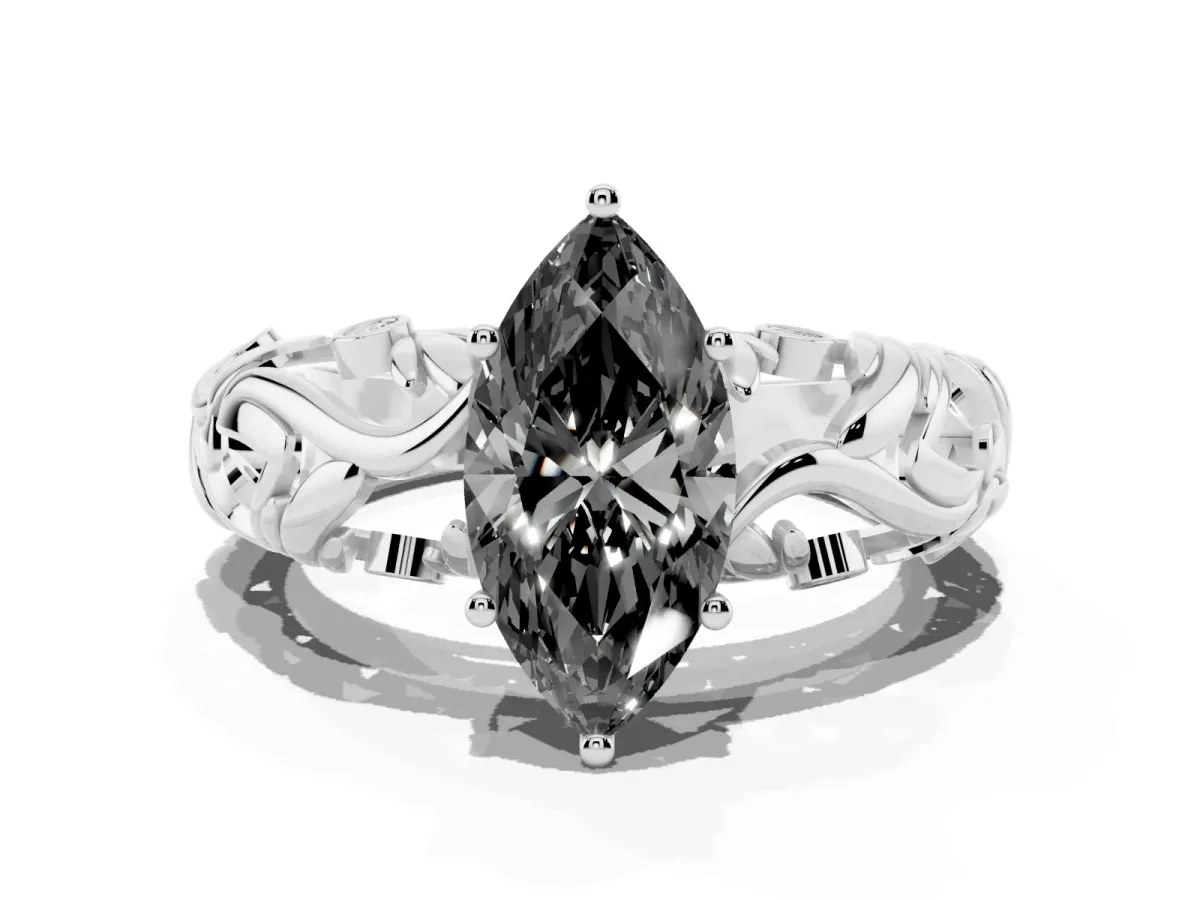 Fancy Black Marquise Cut Solitaire Diamond Leaf-Inspired Vine Band Ring with Prong Setting Platinum