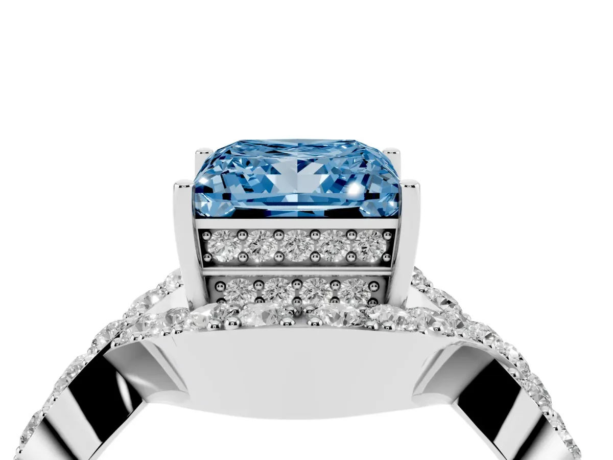 Fancy Blue Princess Cut Solitaire Twist Band Pavé Diamond Engagement Ring White gold