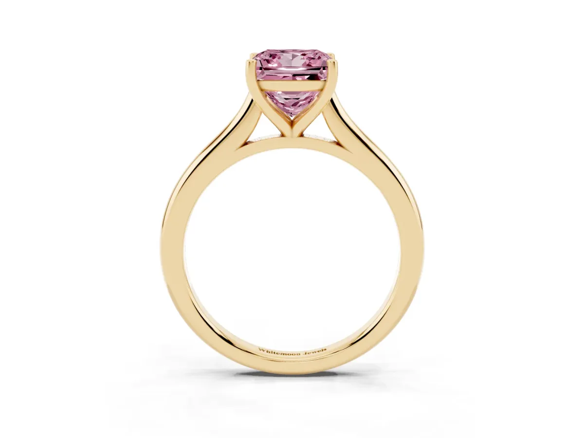 Fancy Pink Princess Cut Cut Solitaire Ring with Cathedral Band and Four-Prong Setting Yellow gold