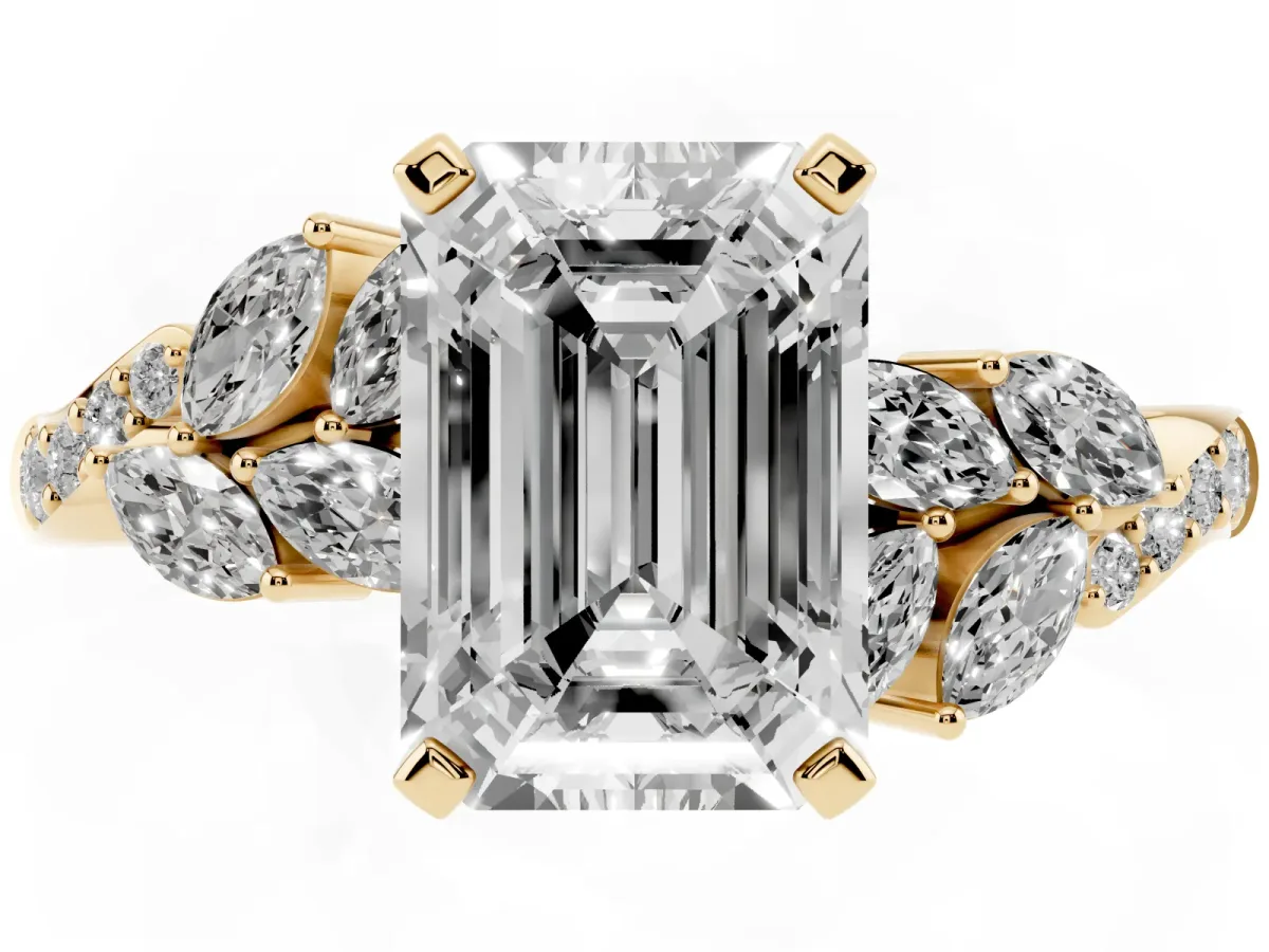 Emerald Cut Solitaire Marquise Twist Band with Six-Prong Setting Yellow gold