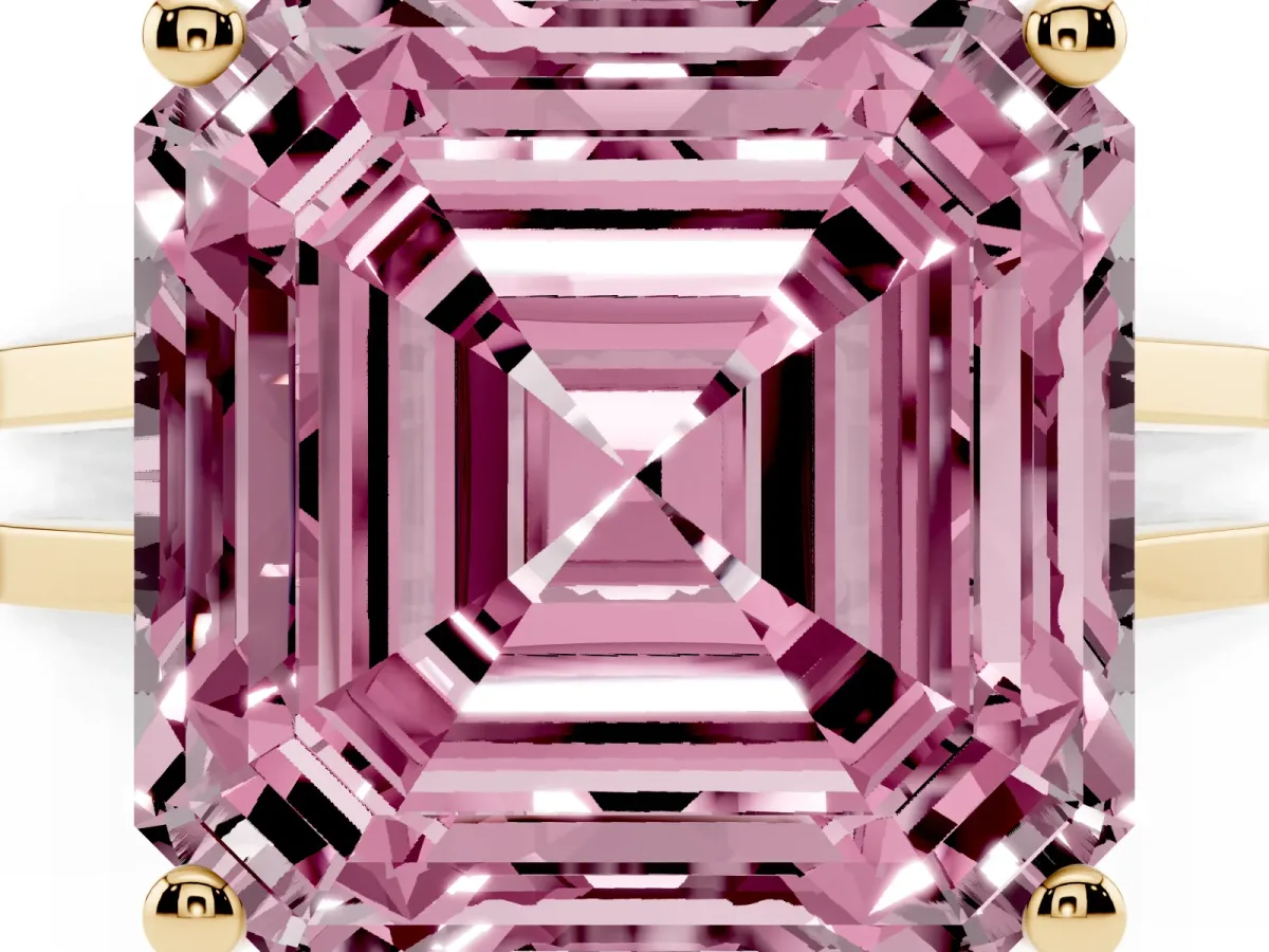 Fancy Pink Asscher Cut Cut Diamond Solitaire Engagement Ring with Tapered Plain Band and Four-Prong Setting Yellow gold