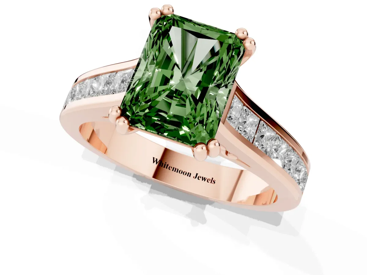 Fancy Green Radiant Cut Cut Channel Set Solitaire Engagement Ring with Prong Setting Rose gold