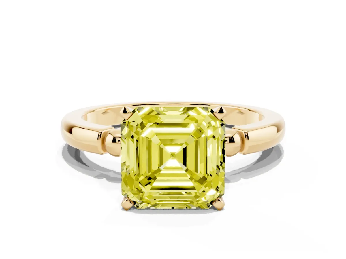 Fancy Yellow Asscher Cut Solitaire Beaded Band with Four-Prong Setting Yellow gold