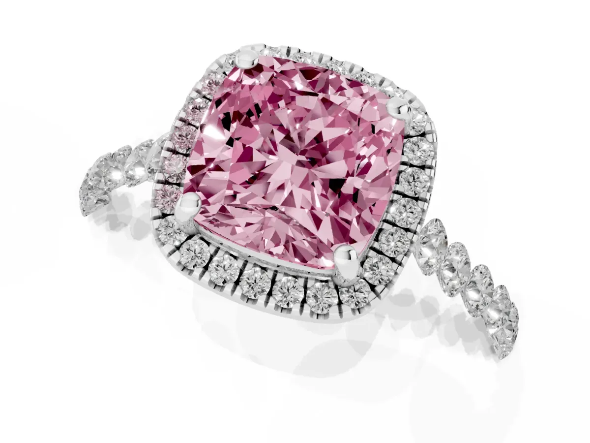 Fancy Pink Cushion Cut Halo Pavé Diamond Engagement Ring with Four-Prong Setting Silver