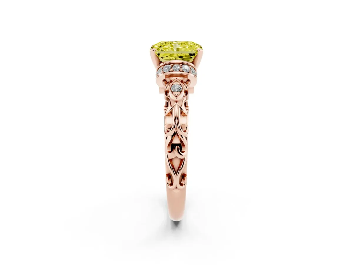Fancy Yellow Radiant Cut Diamond Solitaire Ring with Filigree Band and Four-Prong Setting Rose gold